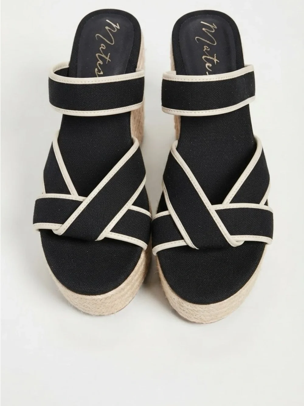 New Matisse Palm beach Black Canvas Espadrille Wedge Sandals w/Cream Trim size 9